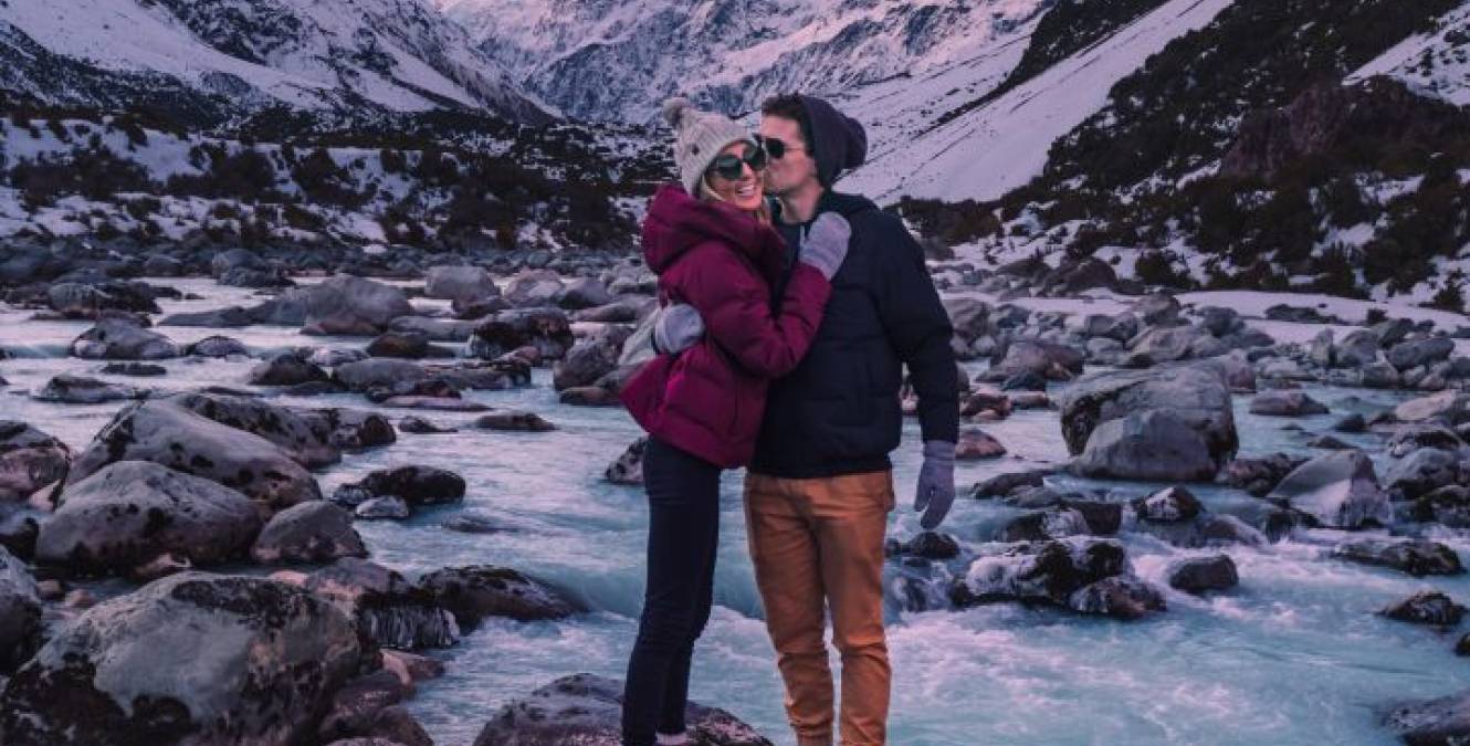Couples escape to the Hooker Valley track at sunset
