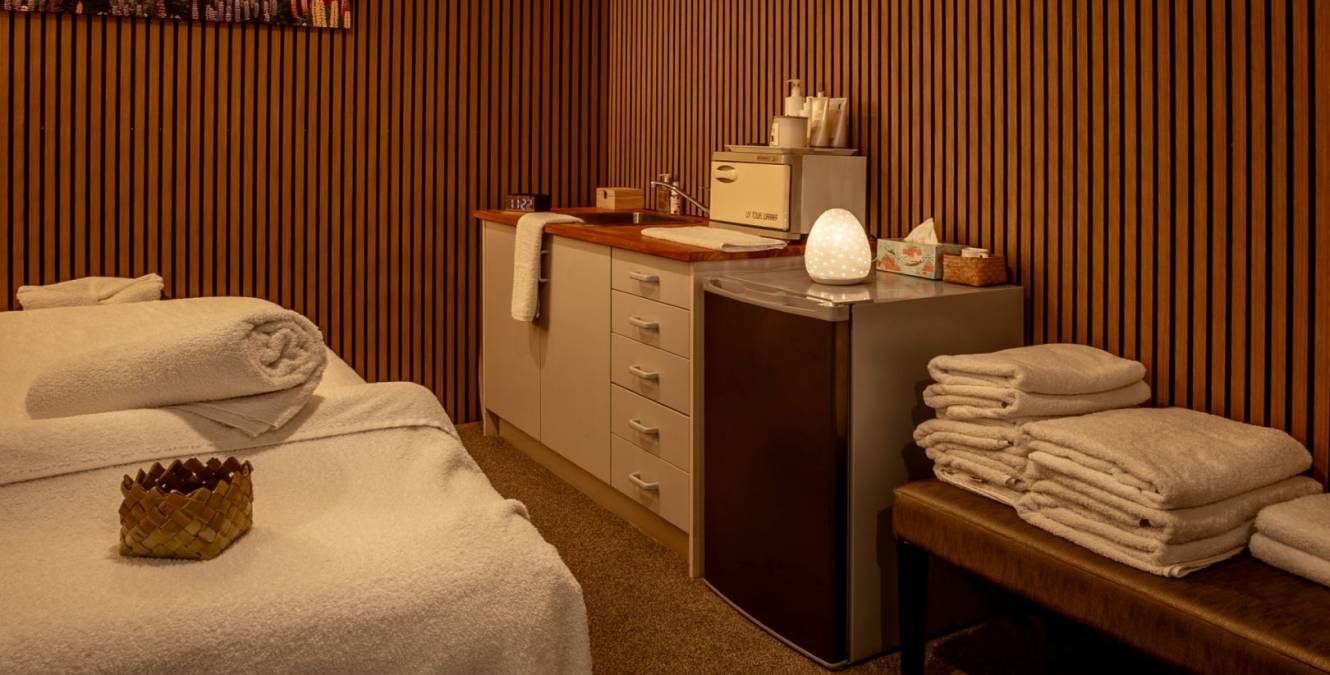 Massage treatment room at Lakestone Lodge near Lake Pukaki, offering relaxation massages and facials for lodge guests.