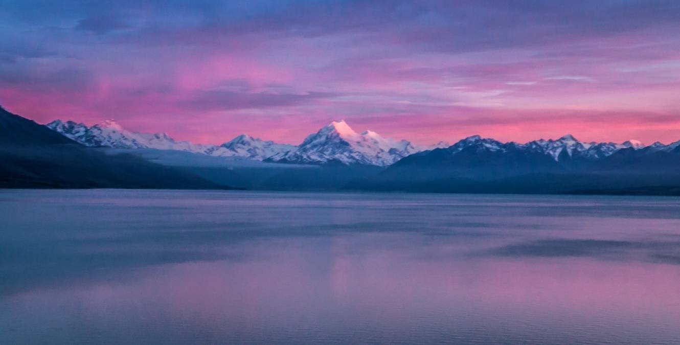 Winter sunrise over Lake Pukaki, with Aoraki Mount Cook in the distance